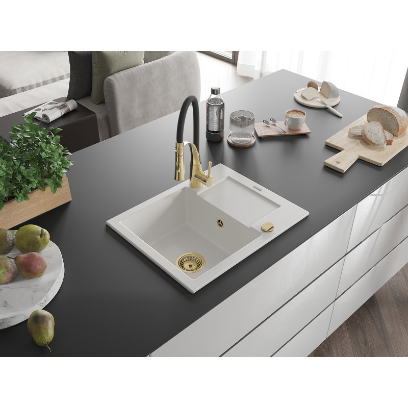 Mexen Enzo évier en granit 1 bac avec égouttoir et robinet de cuisine Aster, blanc - 6506-20-73450-57-G