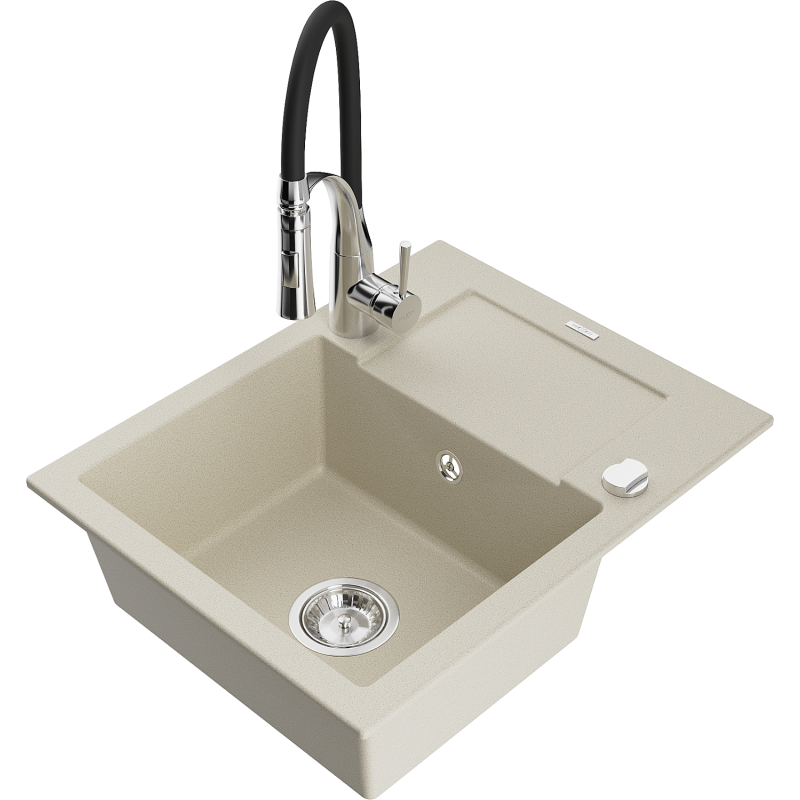 Mexen Enzo évier de cuisine en granit 1 bac avec égouttoir et robinet de cuisine Aster, beige - 6506-69-73450-07