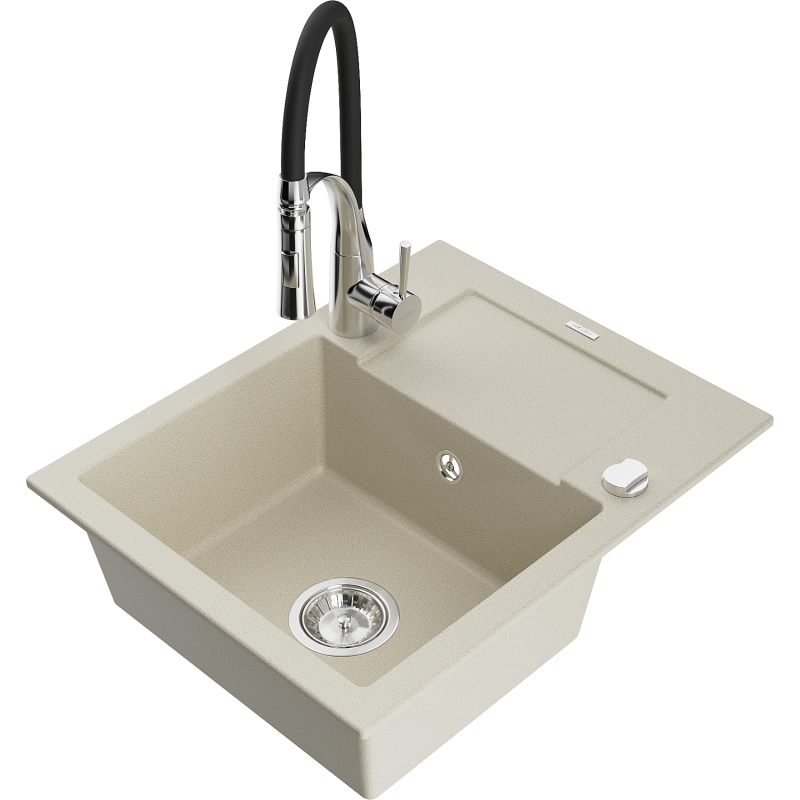 Mexen Enzo évier en granit 1 bac avec égouttoir et robinet de cuisine Aster, beige - 6506-69-73450-07