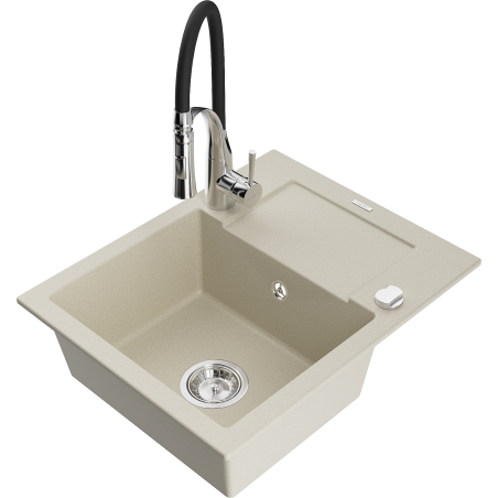 Mexen Enzo évier en granit 1 bac avec égouttoir et robinet de cuisine Aster, beige - 6506-69-73450-07