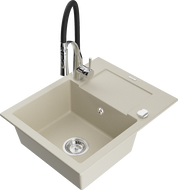 Mexen Enzo évier en granit 1 bac avec égouttoir et robinet de cuisine Aster, beige - 6506-69-73450-07