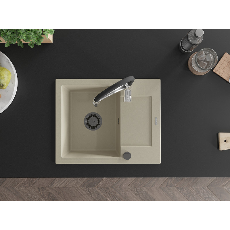 Mexen Enzo évier en granit 1 bac avec égouttoir et robinet de cuisine Aster, beige - 6506-69-73450-07-B