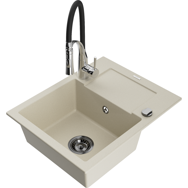 Mexen Enzo évier en granit 1 bac avec égouttoir et robinet de cuisine Aster, beige - 6506-69-73450-07-B