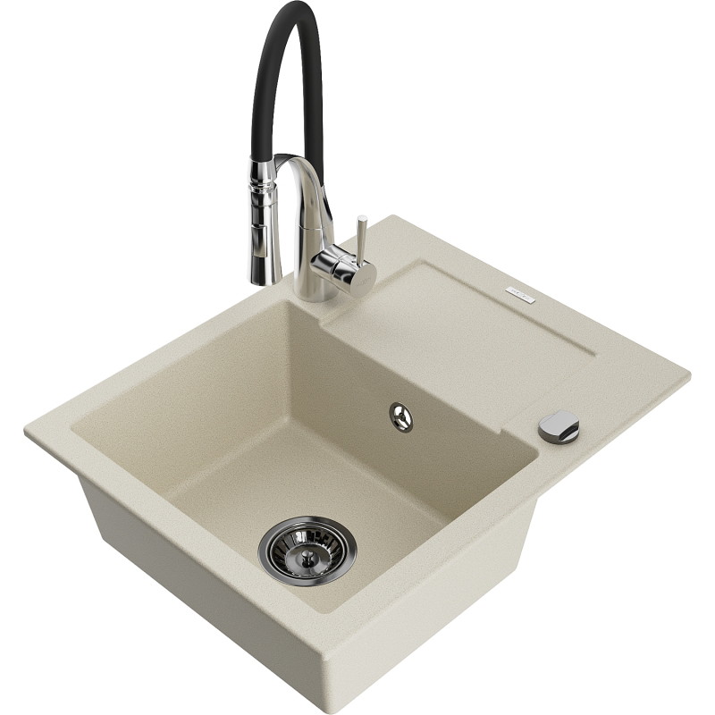 Mexen Enzo évier en granit 1 cuve avec égouttoir et robinet de cuisine Aster, beige - 6506-69-73450-07-B