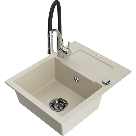 Mexen Enzo évier en granit 1 bac avec égouttoir et robinet de cuisine Aster, beige - 6506-69-73450-07-B