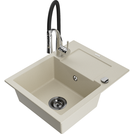 Mexen Enzo évier en granit 1 cuve avec égouttoir et robinet de cuisine Aster, beige - 6506-69-73450-07-B