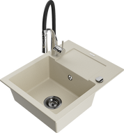 Mexen Enzo évier en granit 1 bac avec égouttoir et robinet de cuisine Aster, beige - 6506-69-73450-07-B