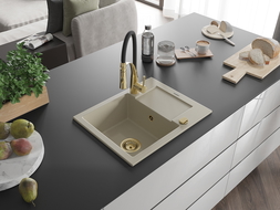 Mexen Enzo évier en granit 1-bac avec égouttoir et robinet de cuisine Aster, beige - 6506-69-73450-57-G