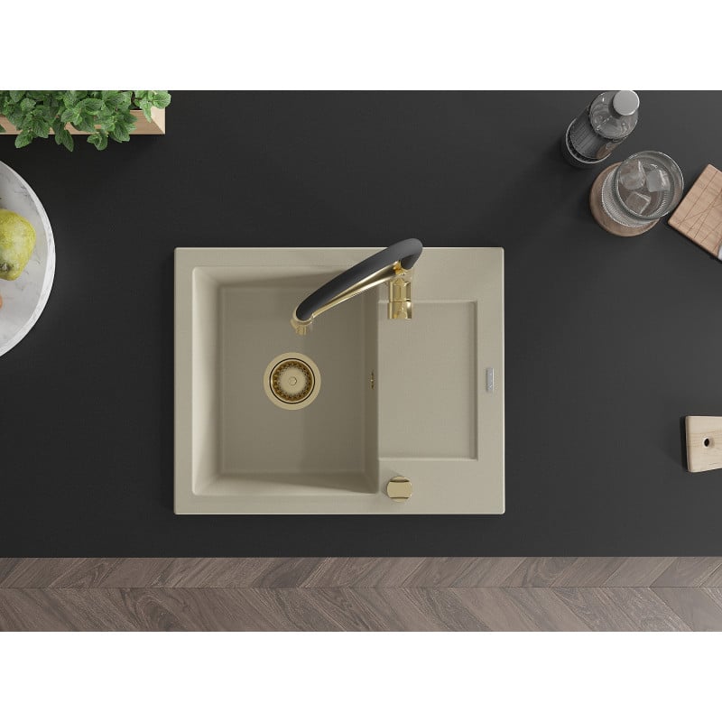 Mexen Enzo évier en granit 1-bac avec égouttoir et robinet de cuisine Aster, beige - 6506-69-73450-57-G