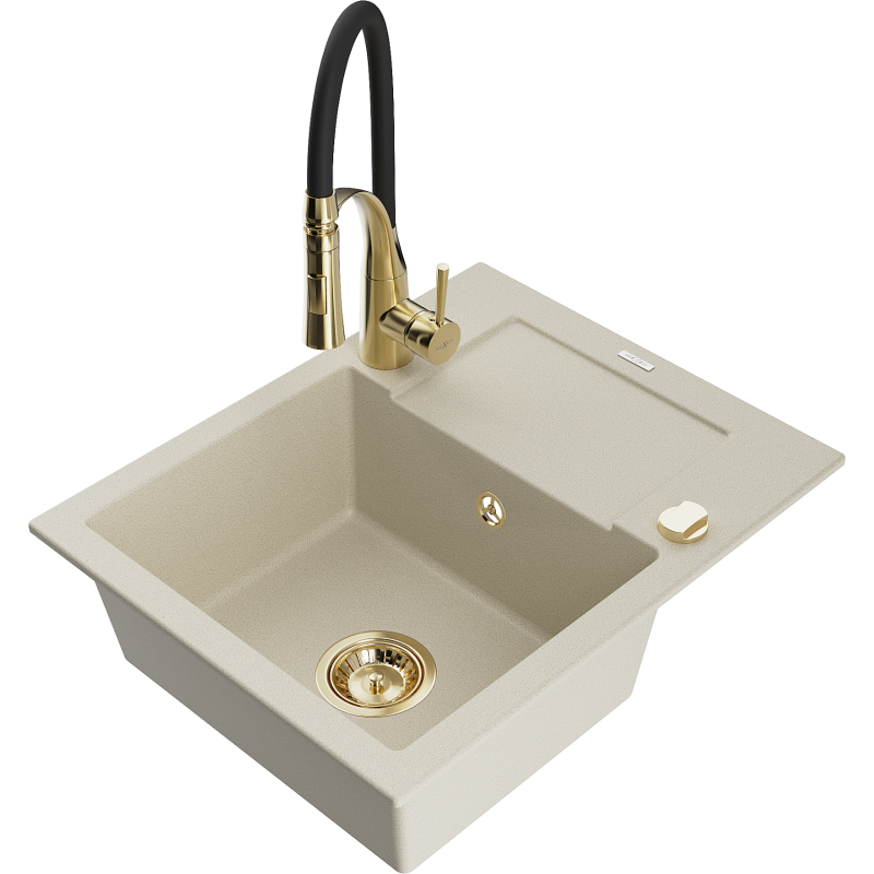 Mexen Enzo évier de cuisine en granit 1 bassin avec égouttoir et robinet Aster, beige - 6506-69-73450-57-G