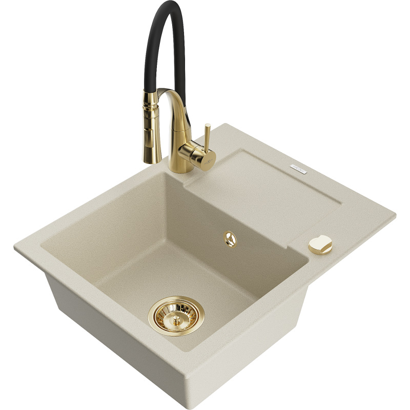 Mexen Enzo évier en granit 1-bac avec égouttoir et robinet de cuisine Aster, beige - 6506-69-73450-57-G