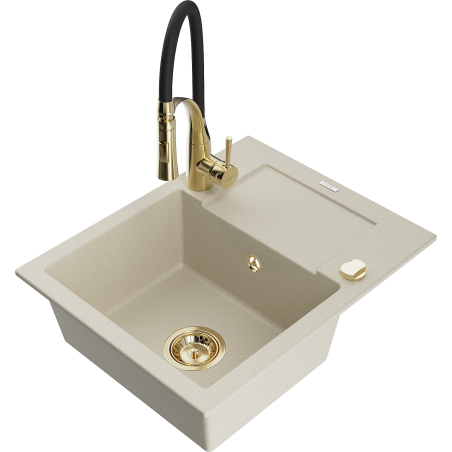 Mexen Enzo évier en granit 1-bac avec égouttoir et robinet de cuisine Aster, beige - 6506-69-73450-57-G