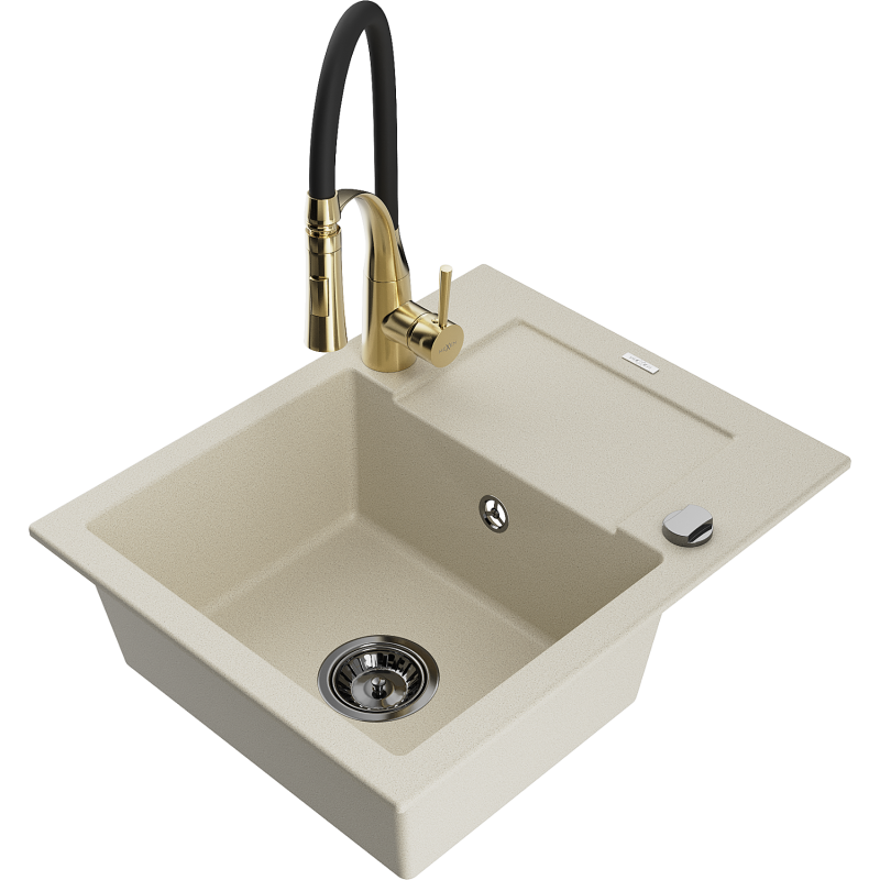 Mexen Enzo évier en granit 1 bac avec égouttoir et robinet Aster, beige - 6506-69-73450-57-B