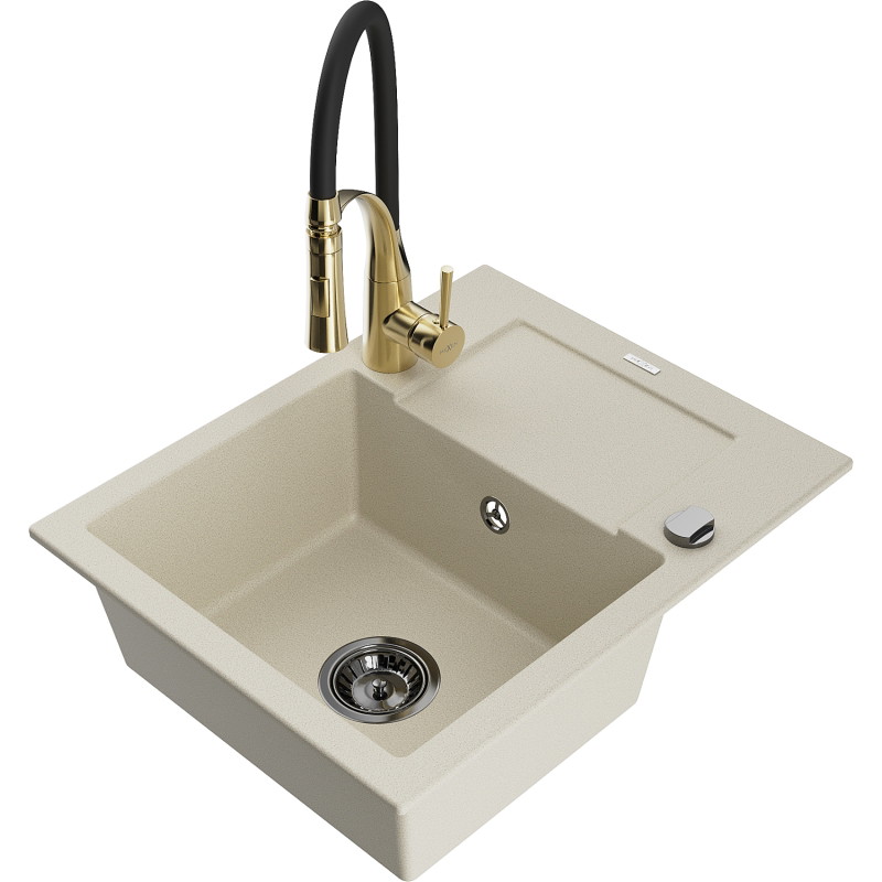 Mexen Enzo Évier en granit 1 bac avec égouttoir et robinet de cuisine Aster, beige - 6506-69-73450-57-B