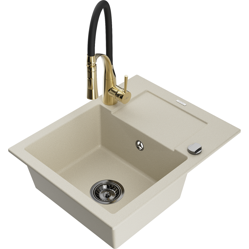 Mexen Enzo évier granit 1 bac avec égouttoir et robinet de cuisine Aster, beige - 6506-69-73450-57-B
