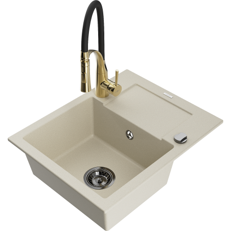 Mexen Enzo évier en granit 1 bac avec égouttoir et robinet Aster, beige - 6506-69-73450-57-B