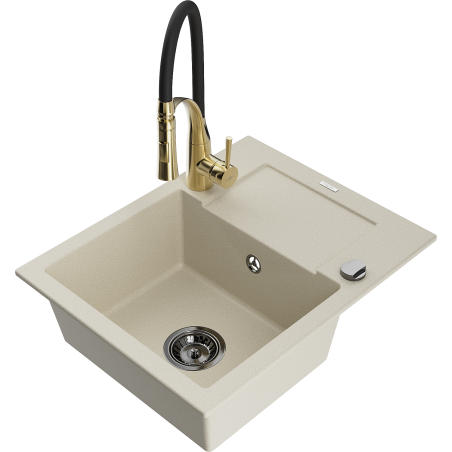 Mexen Enzo évier granit 1 bac avec égouttoir et robinet de cuisine Aster, beige - 6506-69-73450-57-B