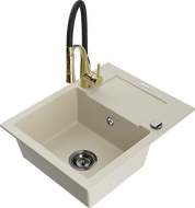 Mexen Enzo évier granit 1 bac avec égouttoir et robinet de cuisine Aster, beige - 6506-69-73450-57-B