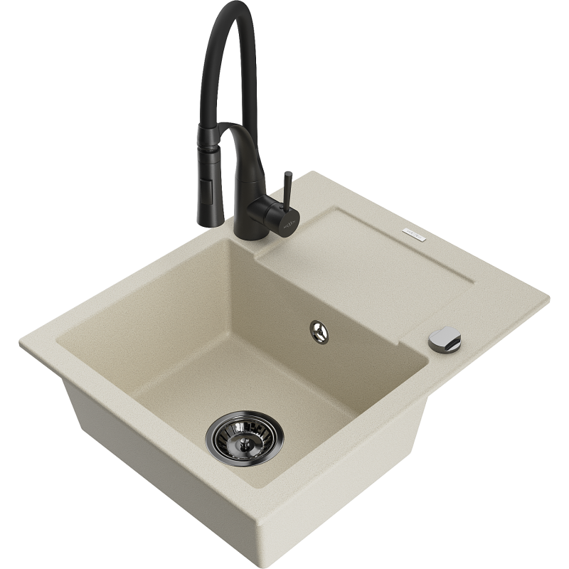 Mexen Enzo évier en granit 1 bac avec égouttoir et robinet de cuisine Aster, beige - 6506-69-73450-70-B