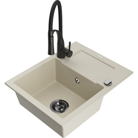 Mexen Enzo évier en granit 1 bac avec égouttoir et robinet de cuisine Aster, beige - 6506-69-73450-70-B