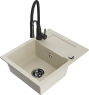 Mexen Enzo évier en granit 1 bac avec égouttoir et robinet de cuisine Aster, beige - 6506-69-73450-70-B