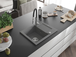 Mexen Enzo évier granit 1 bac avec égouttoir et robinet Aster, gris - 6506-71-73450-07