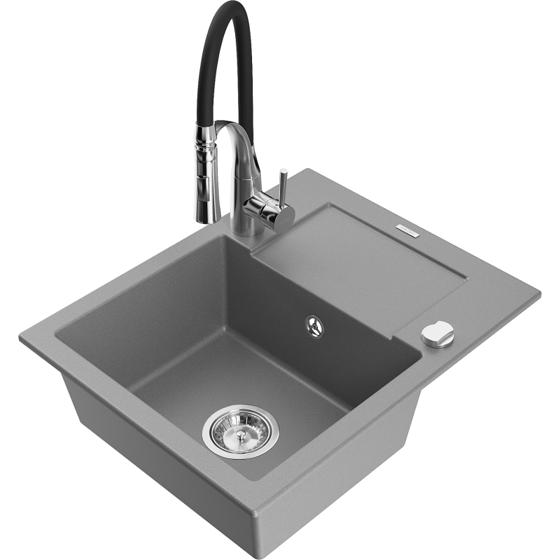 Mexen Enzo évier granit 1 bac avec égouttoir et robinet Aster, gris - 6506-71-73450-07