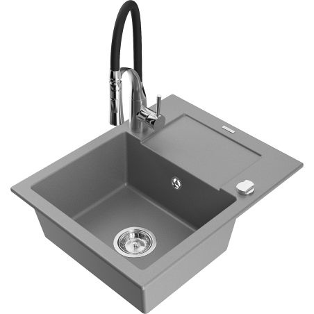 Mexen Enzo évier granit 1 bac avec égouttoir et robinet Aster, gris - 6506-71-73450-07