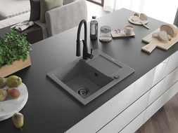 Mexen Enzo évier en granit 1 bac avec égouttoir et robinet de cuisine Aster, gris - 6506-71-73450-70-B