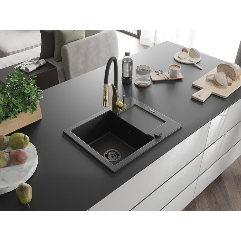 Mexen Enzo évier en granit 1 bac avec égouttoir et robinet de cuisine Aster, noir/argent métallisé - 6506-73-73450-57-B
