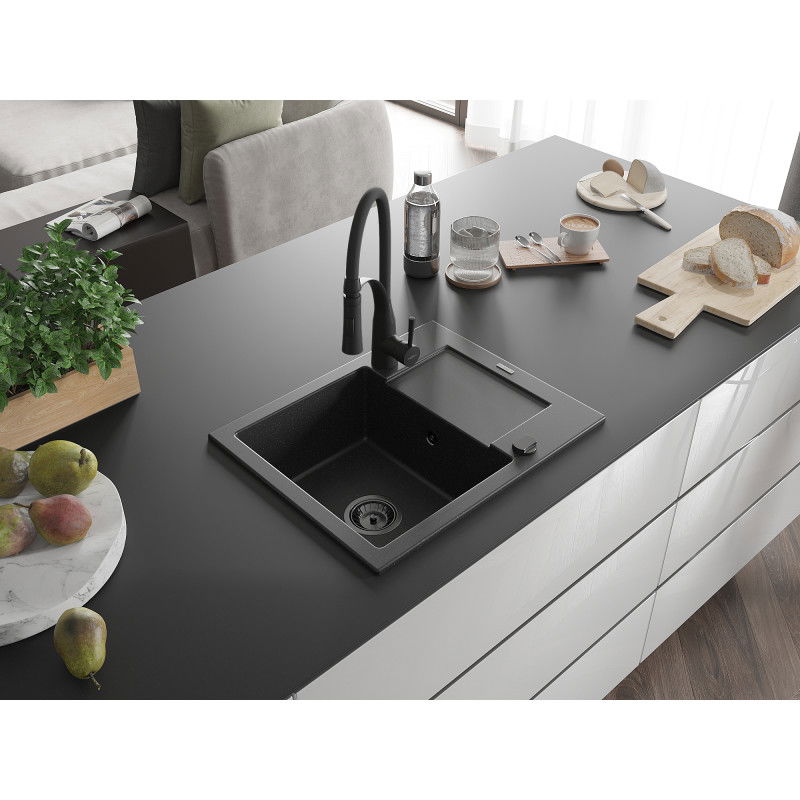 Mexen Enzo évier en granit à 1 bac avec égouttoir et robinet de cuisine Aster, noir/métallisé argenté - 6506-73-73450-70-B