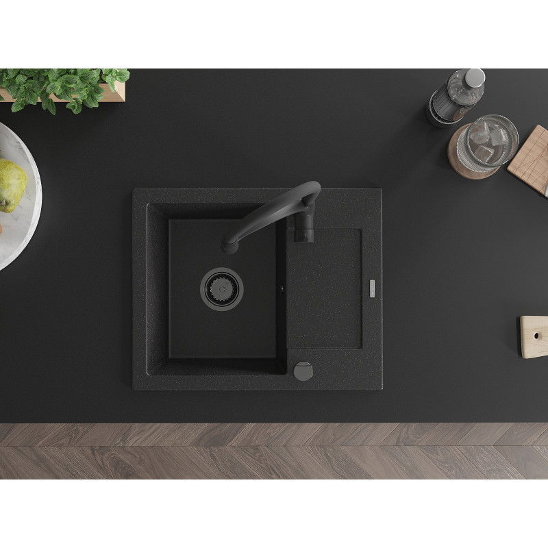 Mexen Enzo évier en granit à 1 bac avec égouttoir et robinet de cuisine Aster, noir/métallisé argenté - 6506-73-73450-70-B