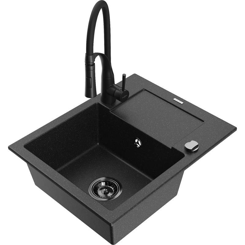 Mexen Enzo évier en granit à 1 bac avec égouttoir et robinet de cuisine Aster, noir/métallisé argenté - 6506-73-73450-70-B