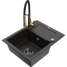 Mexen Enzo évier en granit à 1 bac avec égouttoir et robinet de cuisine Aster, noir/métal doré - 6506-75-73450-57-B