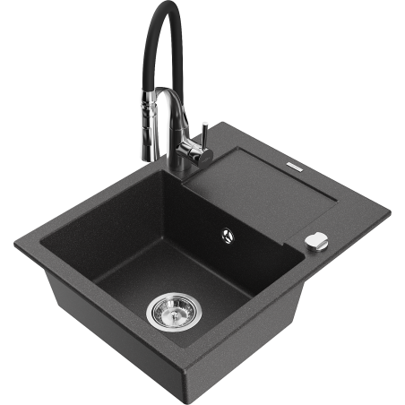 Mexen Enzo évier en granit 1 bac avec égouttoir et mitigeur de cuisine Aster, noir moucheté - 6506-76-73450-07