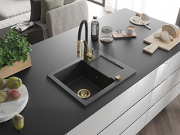 Mexen Enzo évier en granit 1 bac avec égouttoir et robinet de cuisine Aster, noir moucheté - 6506-76-73450-57-G