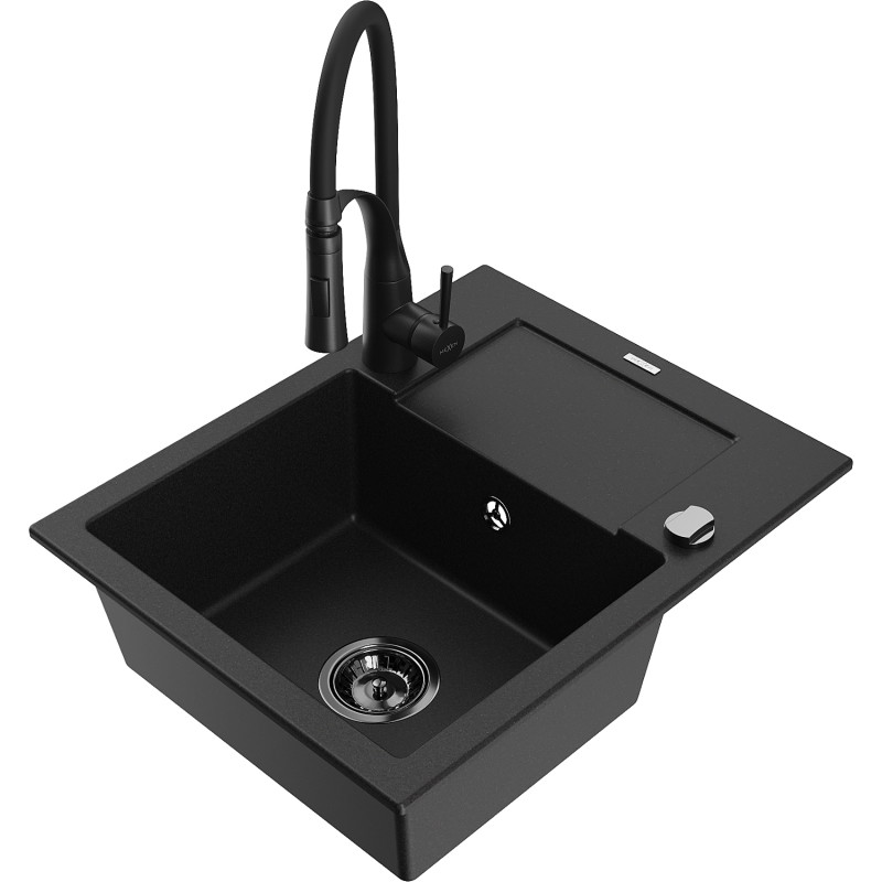 Mexen Enzo évier en granit simple avec égouttoir et robinet de cuisine Aster, noir - 6506-77-73450-70-B