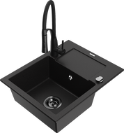 Mexen Enzo évier en granit 1 bac avec égouttoir et robinet de cuisine Aster, noir - 6506-77-73450-70-B