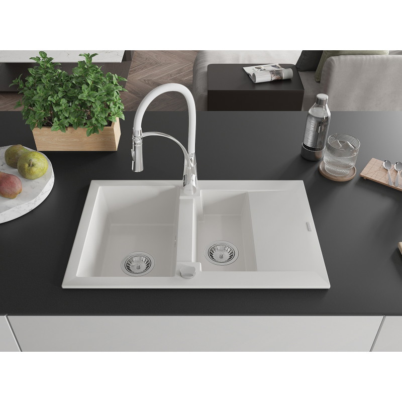 Mexen Gaspar évier en granit 1,5 bac avec égouttoir et mitigeur de cuisine Aster, blanc - 6507-20-73450-02