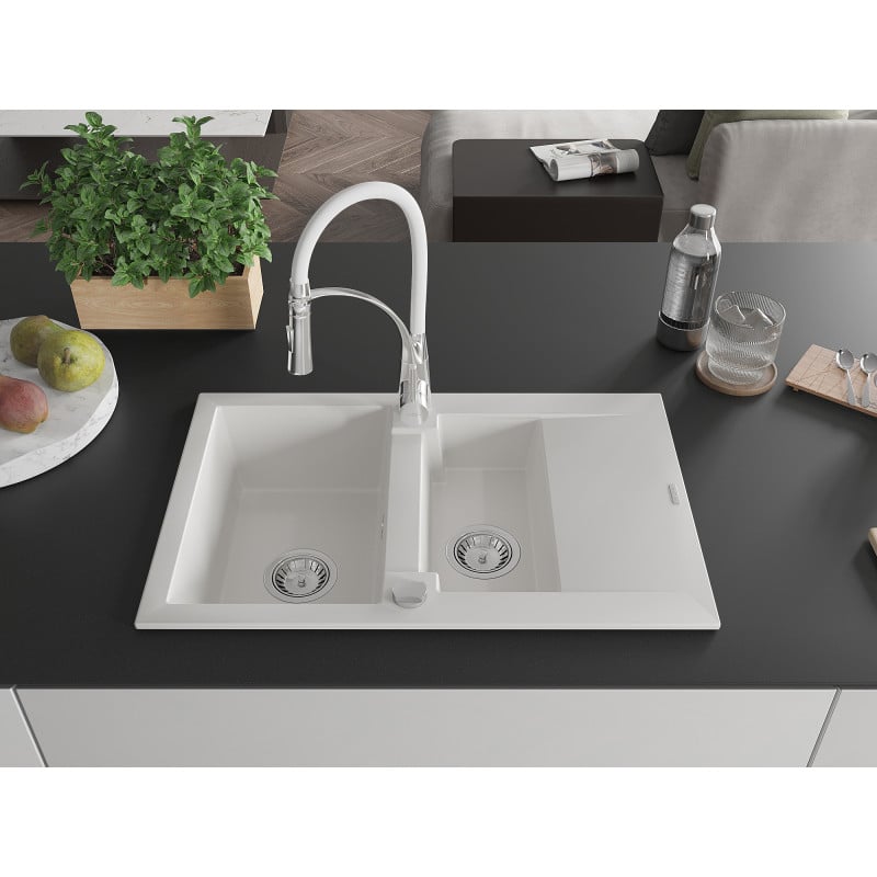 Mexen Gaspar évier en granit 1,5 bac avec égouttoir et robinet de cuisine Aster, blanc - 6507-20-73450-02