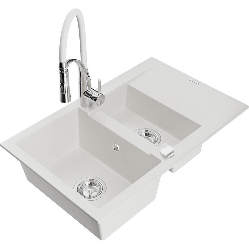 Mexen Gaspar évier en granit 1,5 bac avec égouttoir et mitigeur de cuisine Aster, blanc - 6507-20-73450-02