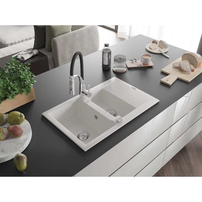 Mexen Gaspar évier en granit 1,5 bac avec égouttoir et mitigeur de cuisine Aster, blanc - 6507-20-73450-07