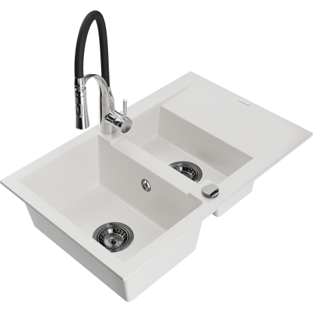 Mexen Gaspar évier en granit 1,5 bac avec égouttoir et mitigeur Aster, blanc - 6507-20-73450-07-B