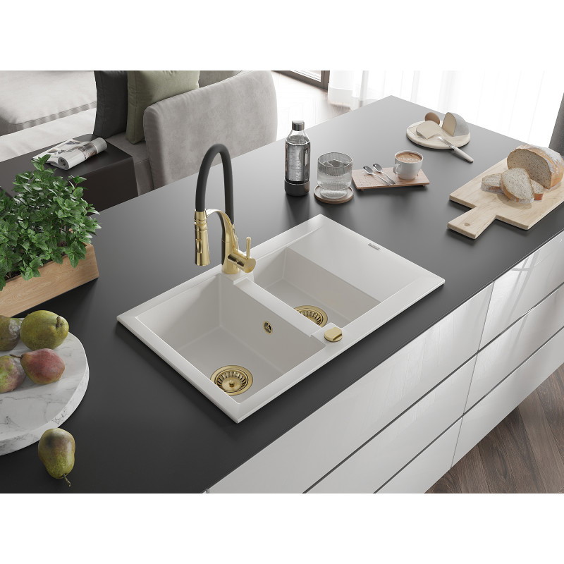 Mexen Gaspar évier en granit 1,5 bac avec égouttoir et robinet de cuisine Aster, blanc - 6507-20-73450-57-G
