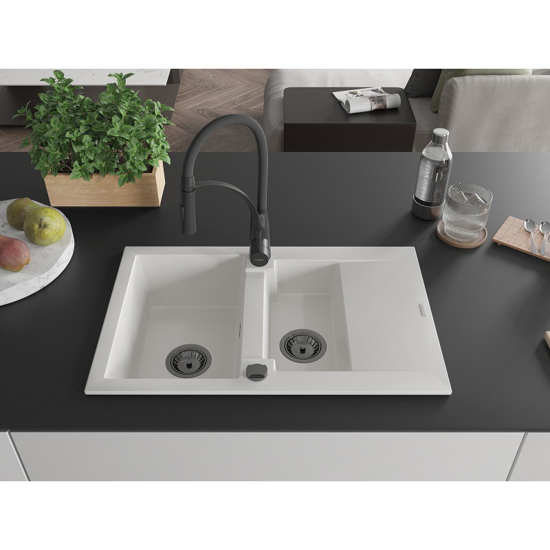 Mexen Gaspar évier en granit 1,5 cuves avec égouttoir et robinet de cuisine Aster, blanc - 6507-20-73450-70-B