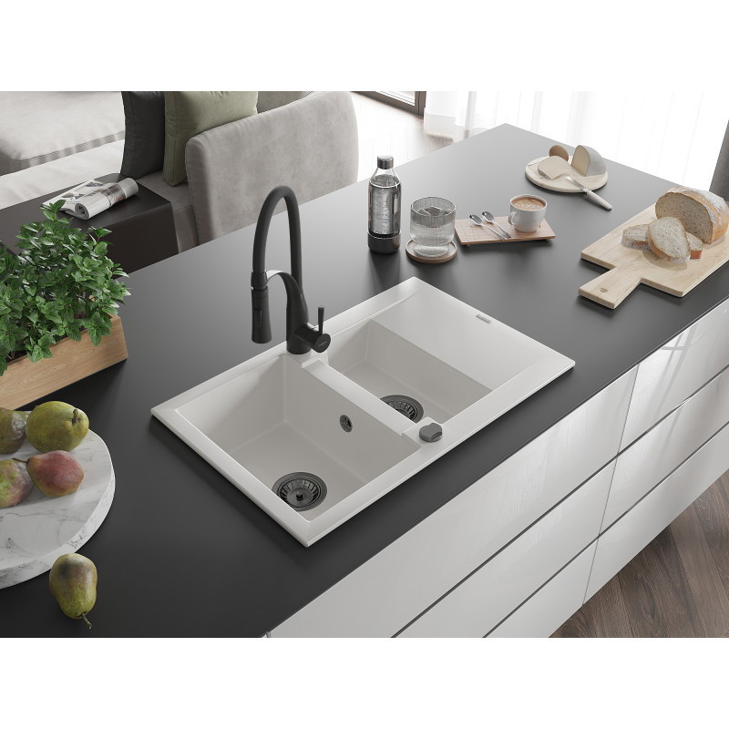 Mexen Gaspar évier en granit 1,5 bac avec égouttoir et robinet de cuisine Aster, blanc - 6507-20-73450-70-B