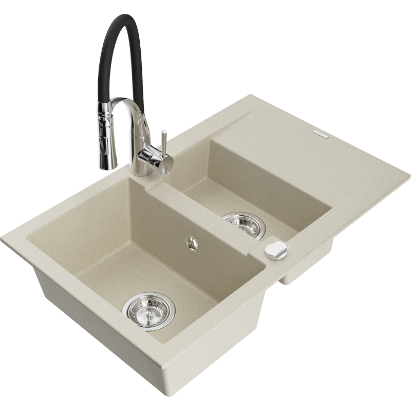 Mexen Gaspar évier en granit 1,5 bac avec égouttoir et mitigeur de cuisine Aster, beige - 6507-69-73450-07