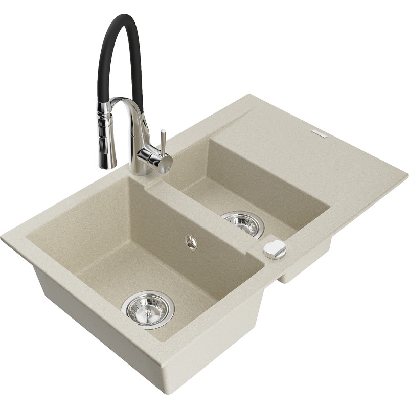 Mexen Gaspar évier en granit 1,5 cuve avec égouttoir et robinet de cuisine Aster, beige - 6507-69-73450-07