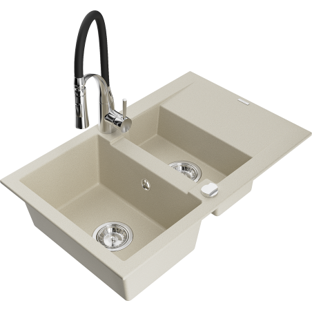 Mexen Gaspar évier en granit 1,5 bac avec égouttoir et mitigeur de cuisine Aster, beige - 6507-69-73450-07