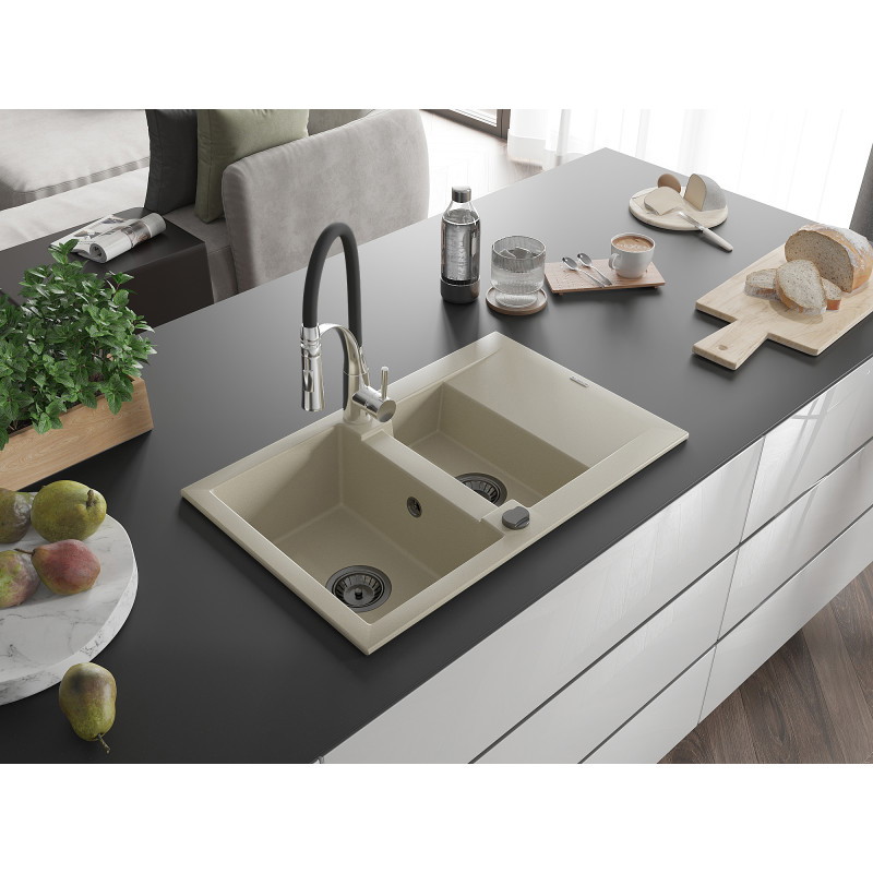 Mexen Gaspar évier en granit 1,5 bac avec égouttoir et robinet de cuisine Aster, beige - 6507-69-73450-07-B